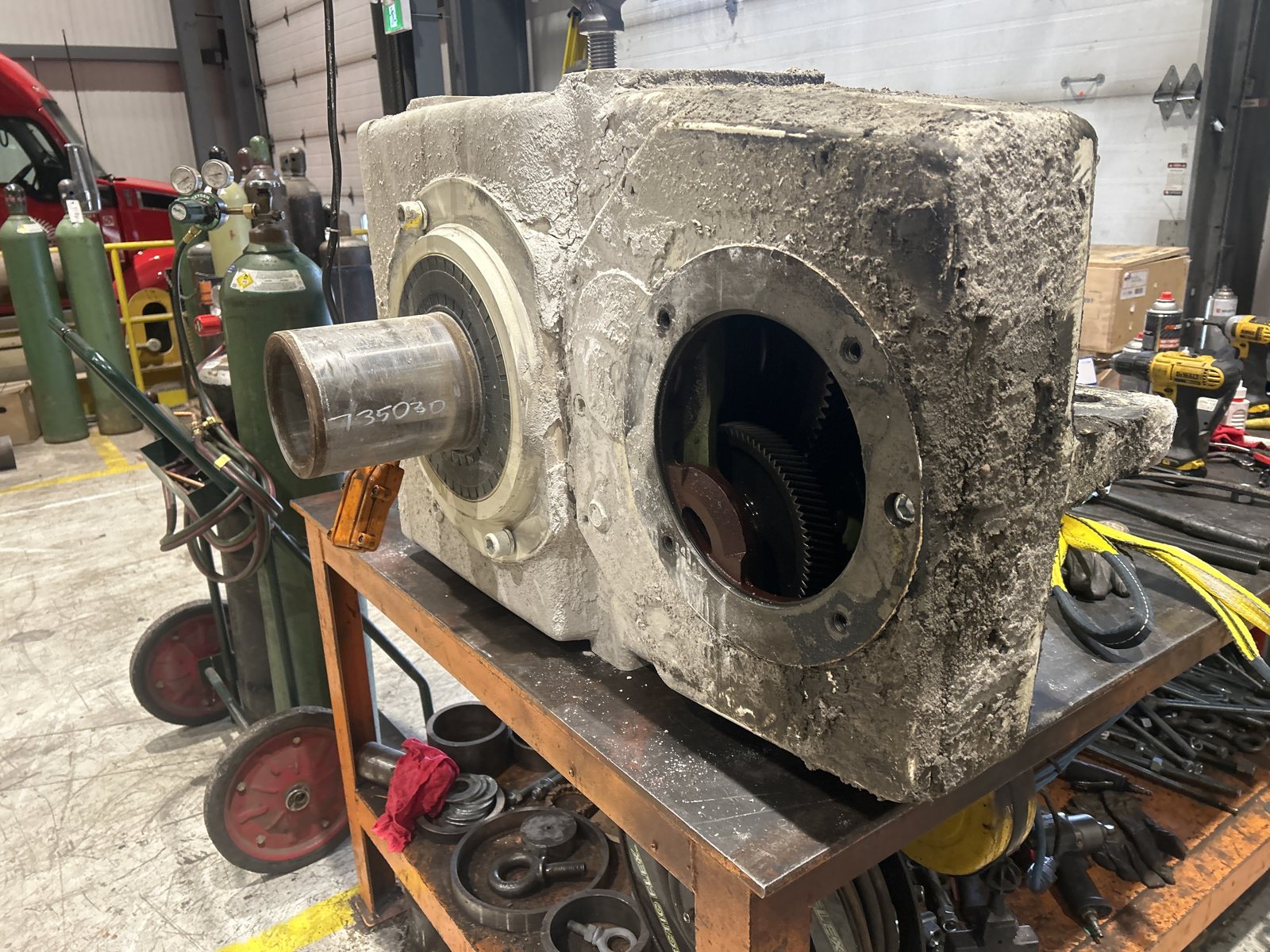 Large gear reducer housing stripped down for rebuild